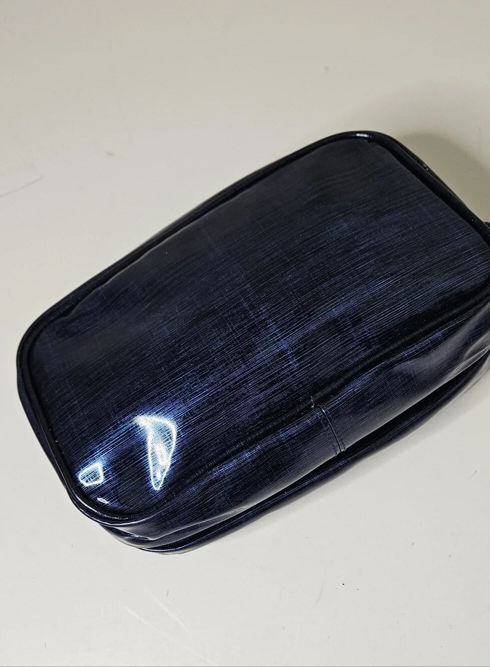 Guerlain Vinyl Cosmetic Bag Blue Glossy Exterior Bifold Zipper Pockets Orange
